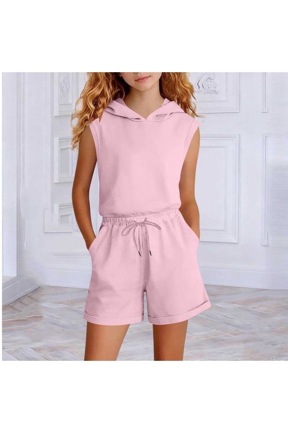 Girls Outfit Sets Short Sleeve, Hooded School 2 Piece Kids Summer Clothing Sets Pink Size 8