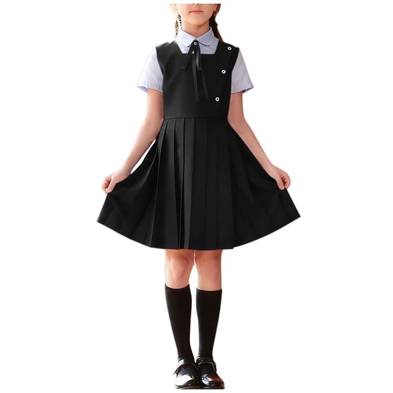 Cethrio Girls Outfit Sets, Short Sleeve School Uniform Dancing 3 PC Tie Shirts and Dresses Sets Black Size 14-16
