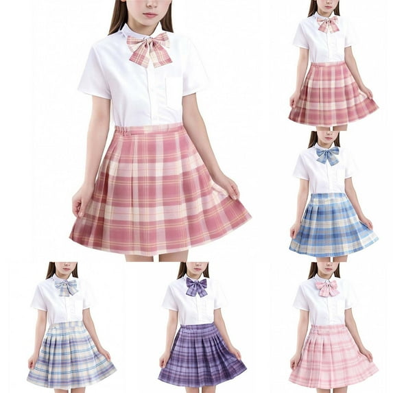 Cethrio Girls Outfit Sets, Short Sleeve School Uniform Summer Shirts and Skirts Sets Pink Size 6