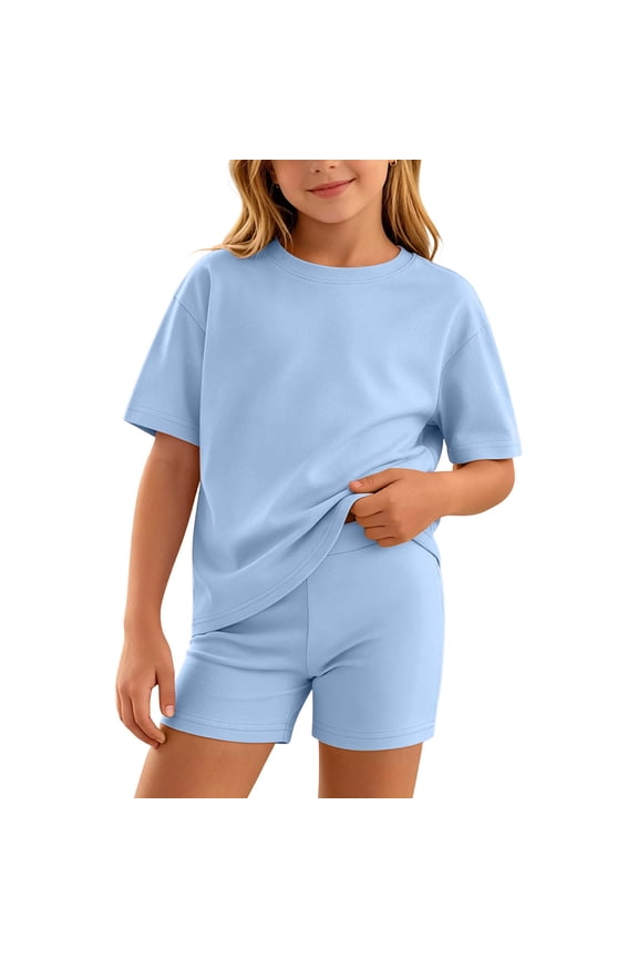 Girls Outfit Sets Short Sleeve, Summer 2 Piece Casual T-shirts and Shorts Sets Blue Size 10