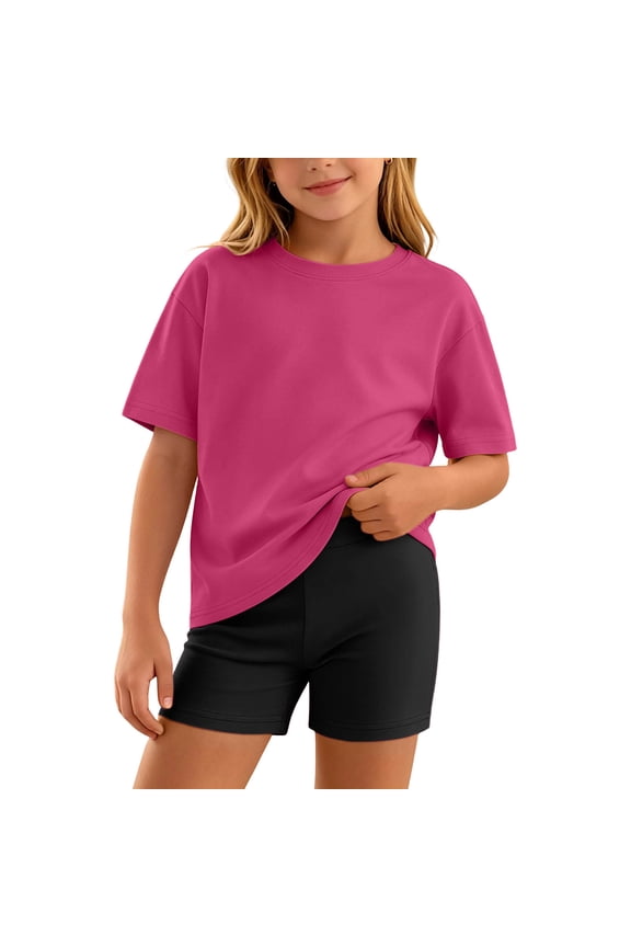 Girls Outfit Sets Short Sleeve, Summer Solid Color 2 Piece T-shirts and Shorts Sets Hot Pink Size 6
