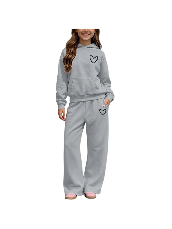 Girls Outfit Sets Size 10-12, 2 Piece Fleece-lined Long Sleeve Hoodies and Sweatpants Sets Gray