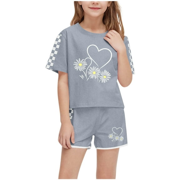 Cethrio Girls Outfit Sets, Summer Printed Short Sleeve 2 Piece Girls' Clothing Sets Gray Size 10-12T