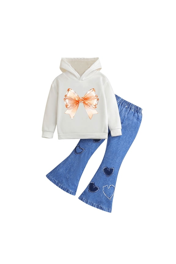 Girls Outfit Sets, Two Piece Long Sleeve Spring Hoodies and Jeans Sets White Size 5T