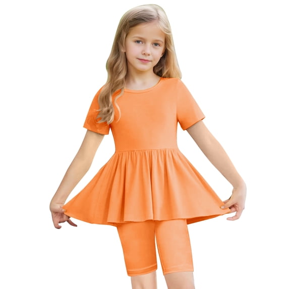 Cethrio Girls Outfit Sets, Two Piece Summer Dancing T-shirts and Bike Shorts Sets Orange Size 1011T
