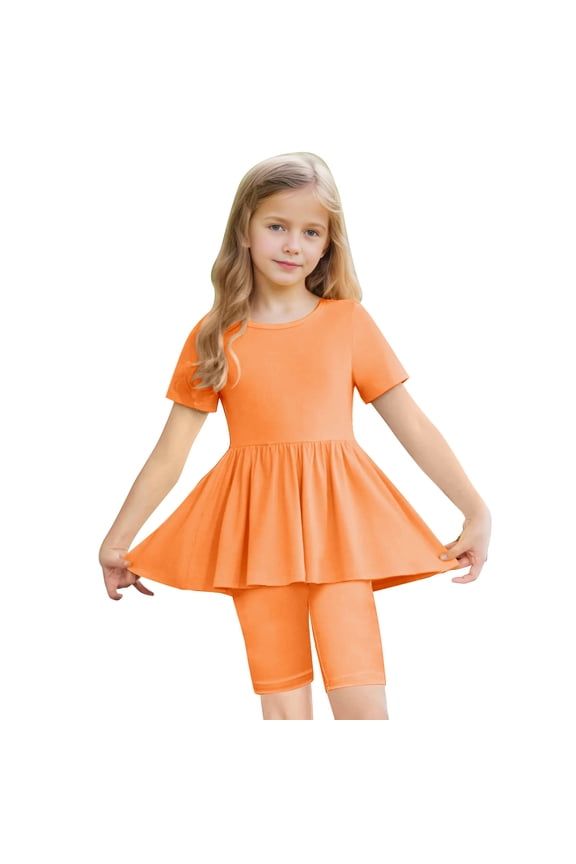 Girls Outfit Sets, Two Piece Summer Dancing T-shirts and Bike Shorts Sets Orange Size 5-6T