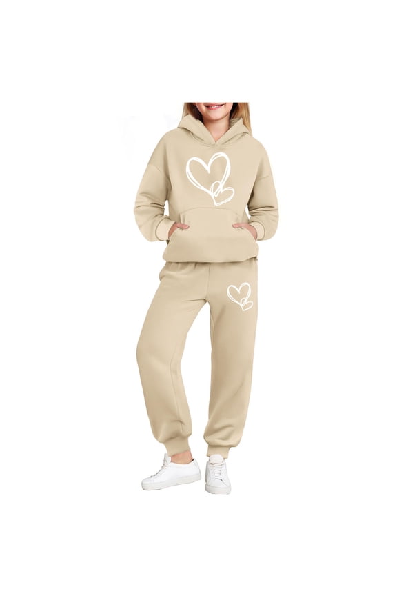 Girls Outfit Sets, Warm Printed Fall Winter Long Sleeve Hoodies and Sweatpants Sets Beige Size 14-16