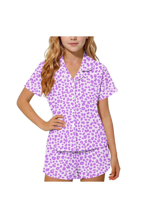Girls' Pajama Sets 2 Piece, Breathable Casual Short Sleeve Kids' Summer Sleepwear Purple Size 10