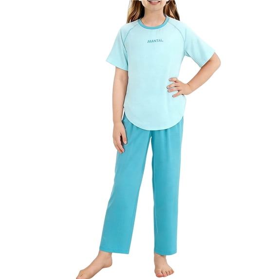 Cethrio Girls' Pajama Sets 2 Piece, Casual Short Sleeve Comfy Kids' Summer Sleepwear Blue Size 10