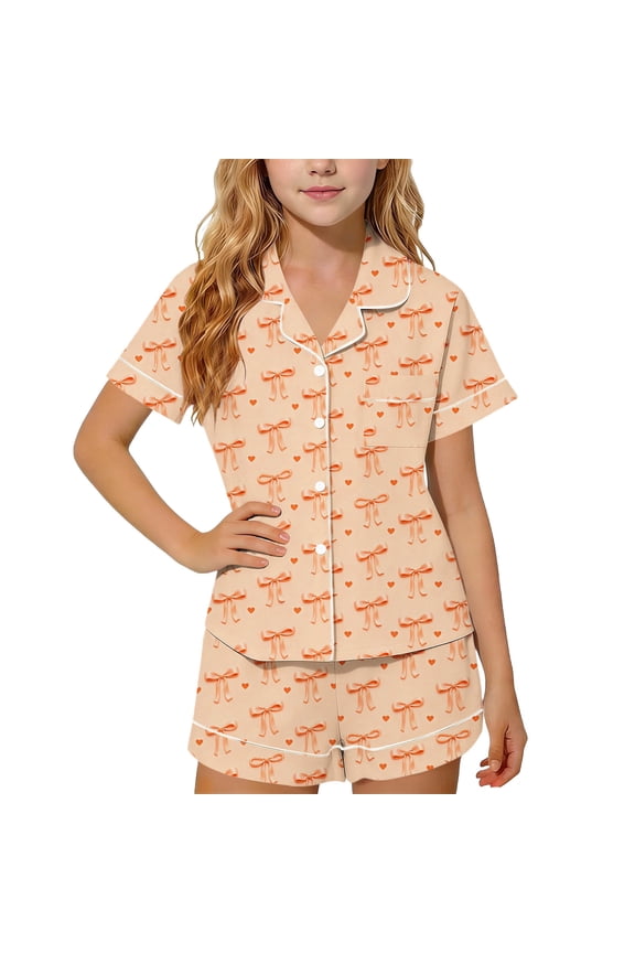 Girls' Pajama Sets 2 Piece, Casual Soft Short Sleeve Kids' Summer Sleepwear Orange Size 14