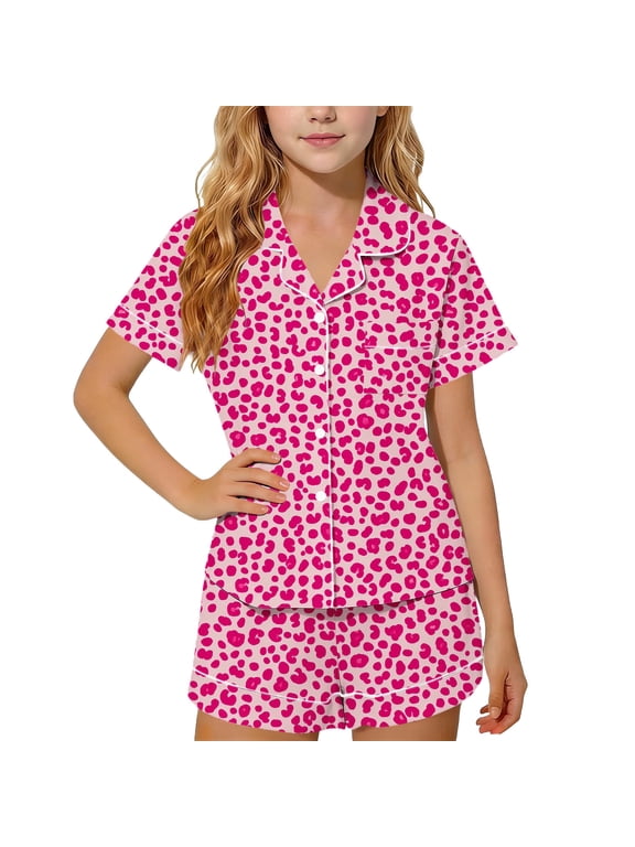 Girls' Pajama Sets 2 Piece, Short Sleeve Breathable Casual Kids' Summer Sleepwear Hot Pink Size 10-12