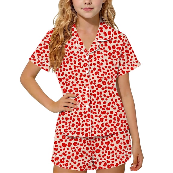 Cethrio Girls' Pajama Sets 2 Piece, Short Sleeve Breathable Casual Kids' Summer Sleepwear Red Size 3-4T