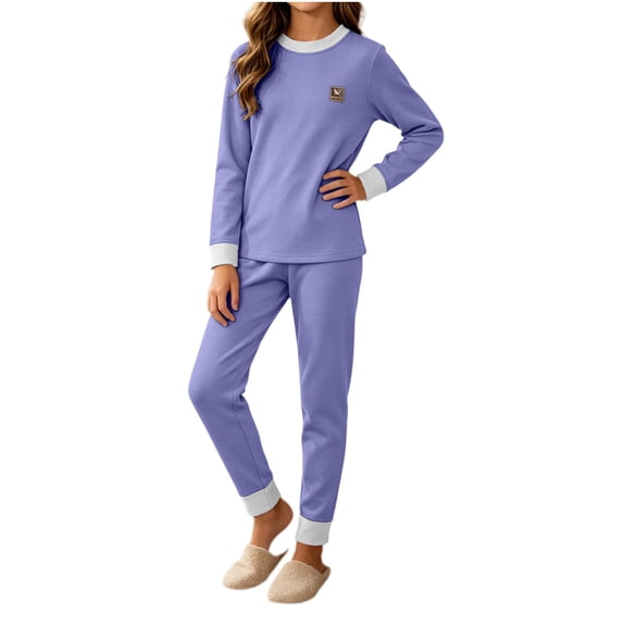 Cethrio Girls Pajama Sets 2 Piece, Soft Long Sleeve Fall Winter Crew Neck Girls' Sleepwear Purple Size 6-7 T