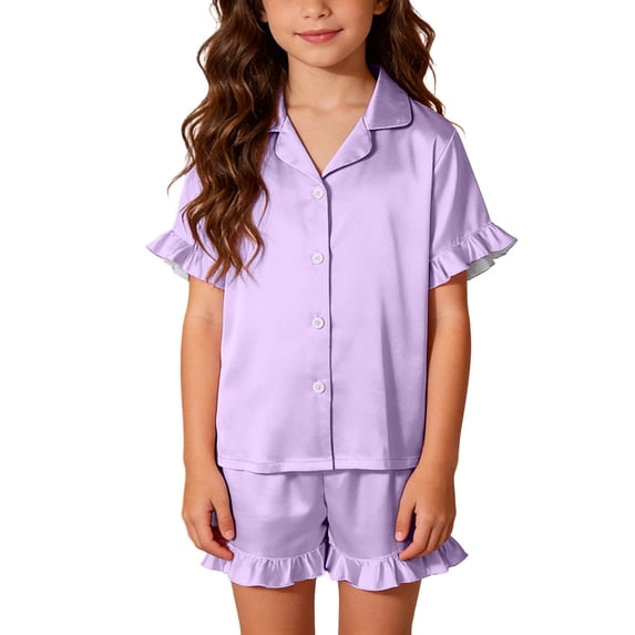 Cethrio Girls' Pajama Sets, 3-piece Short Sleeve Comfy Lapel Collar Girls' Sleepwear Purple Size 8
