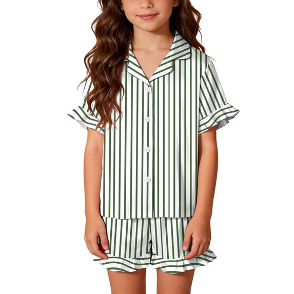 Cethrio Girls' Pajama Sets, 3-piece Short Sleeve Lapel Collar Summer Girls' Sleepwear Green Size 10-12
