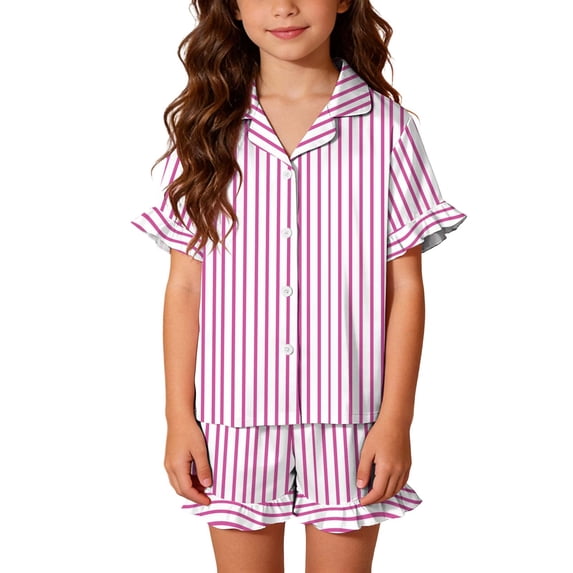 Cethrio Girls' Pajama Sets, Lapel Collar 3-piece Summer Short Sleeve Girls' Sleepwear Pink Size 10-12