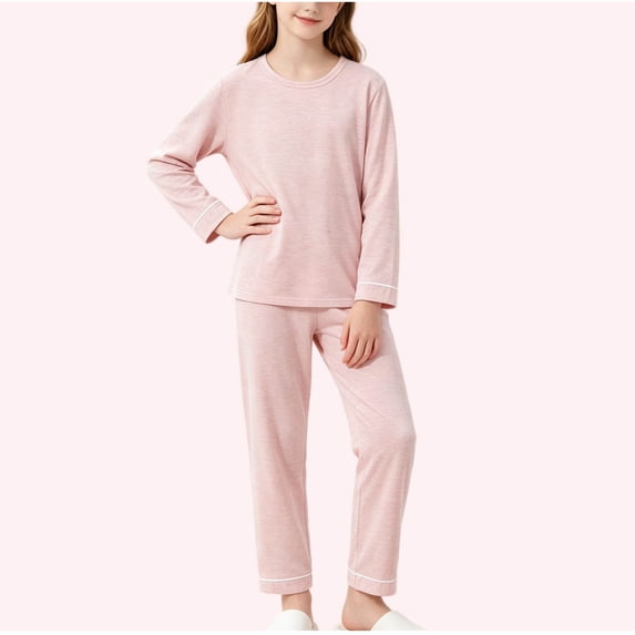 Cethrio Girls' Pajama Sets Long Sleeve, 2 Piece Crew Neck Breathable Casual Girls' Sleepwear Pink Size 14-16