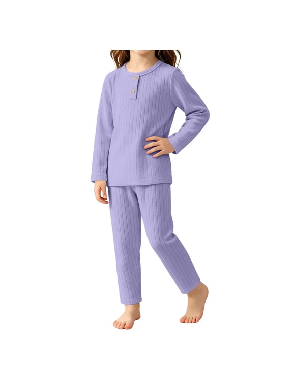 Girls' Pajama Sets Long Sleeve, Casual 2 Piece Fall Winter Girls' Sleepwear Purple Size 7-8T