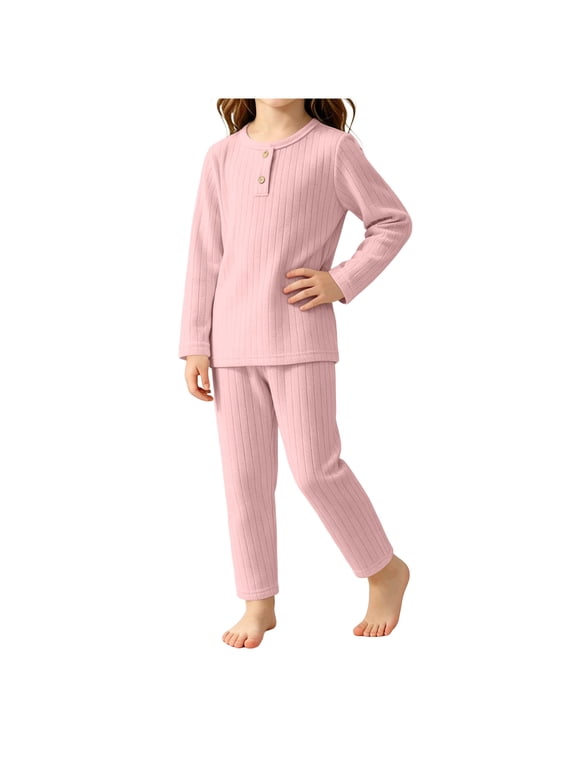 Girls' Pajama Sets Long Sleeve, Casual Fall Winter 2 Piece Girls' Sleepwear Pink Size 7-8T