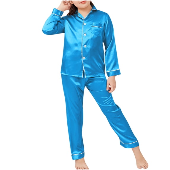 Cethrio Girls Pajama Sets, Long Sleeve Collared Spring Fall Comfy Girls' Sleepwear Light Blue Size 12