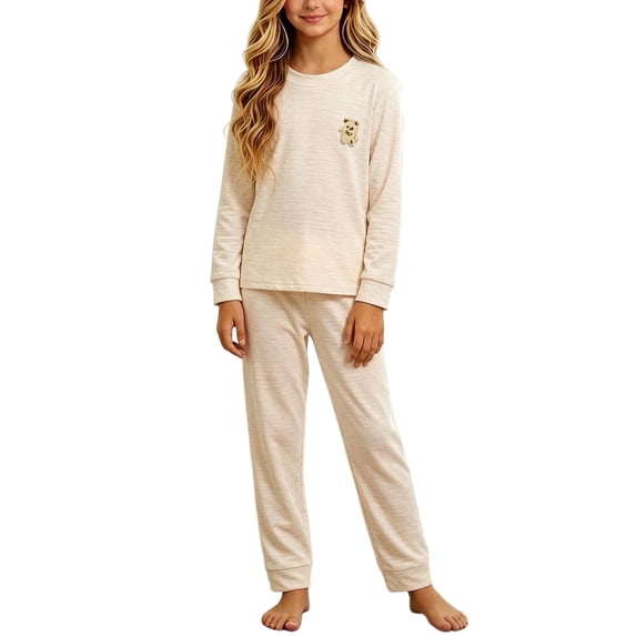 Cethrio Girls' Pajama Sets Long Sleeve, Fall Winter 2 Piece Comfortable Girls' Sleepwear Beige Size 7-8T