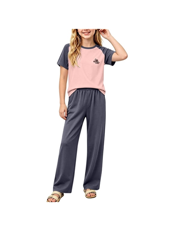 Girls' Pajama Sets Short Sleeve, 2 Piece Comfy Casual Summer Girls' Sleepwear Pink Size 10-12