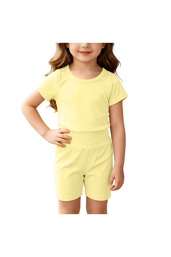 Girls' Pajama Sets Short Sleeve, 2 Piece Crewneck Summer Soft Girls' Sleepwear Yellow Size 6-9 Months