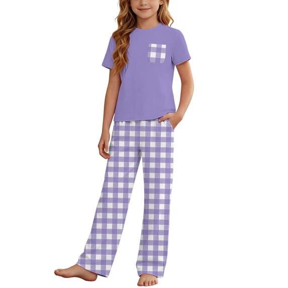 Cethrio Girls' Pajama Sets Short Sleeve, 2 Piece Printed Casual Summer Girls' Sleepwear Purple Size 3-4 T