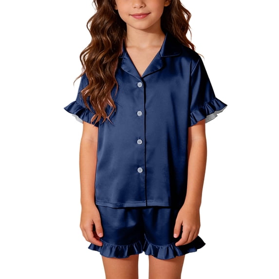 Cethrio Girls' Pajama Sets, Short Sleeve 3-piece Comfy Lapel Collar Girls' Sleepwear Navy Size 10-12