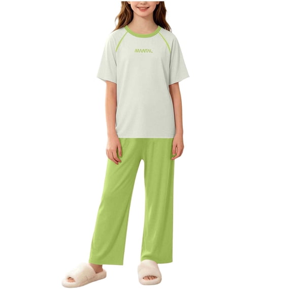Cethrio Girls' Pajama Sets Short Sleeve, Casual 2 Piece Knitted Summer Girls' Sleepwear Green Size 12-13 T
