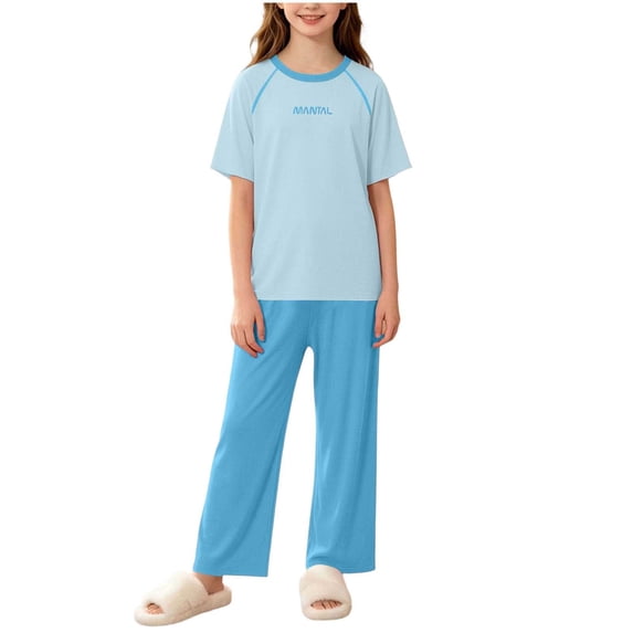 Cethrio Girls' Pajama Sets Short Sleeve, Knitted 2 Piece Casual Summer Girls' Sleepwear Blue Size 14-15 T