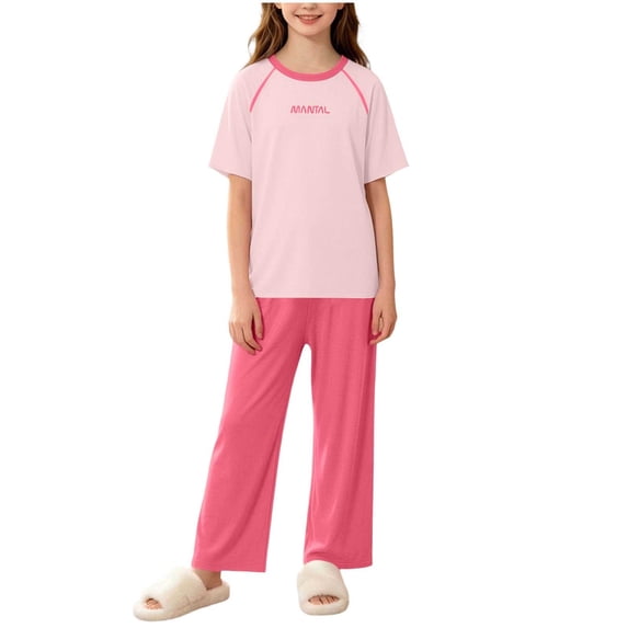 Cethrio Girls' Pajama Sets Short Sleeve, Knitted Casual 2 Piece Summer Girls' Sleepwear Pink Size 7-8 T