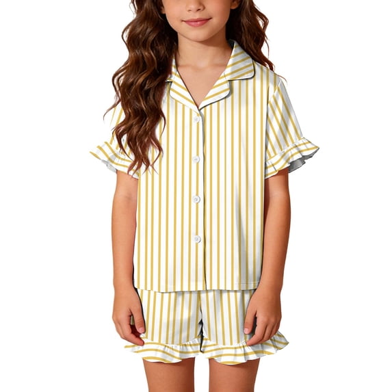 Cethrio Girls' Pajama Sets, Short Sleeve Lapel Collar Summer 3-piece Girls' Sleepwear Yellow Size 9-10 T