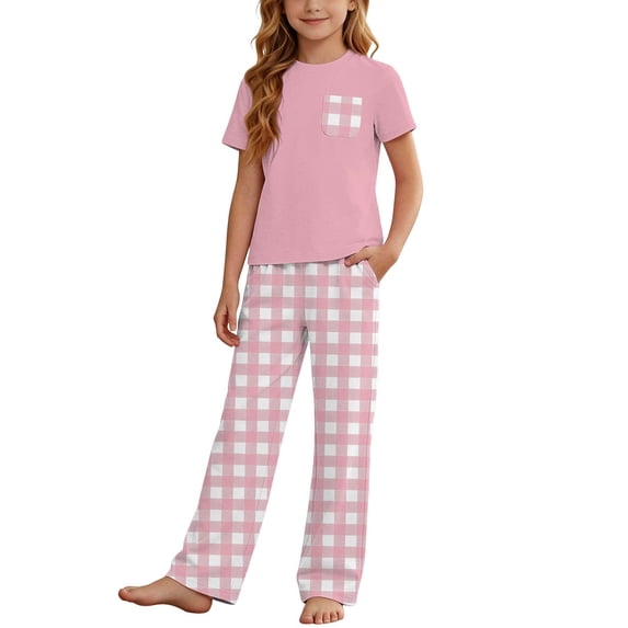 Cethrio Girls' Pajama Sets Short Sleeve, Printed 2 Piece Casual Summer Girls' Sleepwear Pink Size 7-8 T