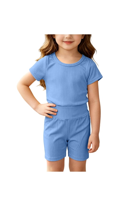 Girls' Pajama Sets Short Sleeve, Summer Crewneck Soft 2 Piece Girls' Sleepwear Blue Size 6-7 T