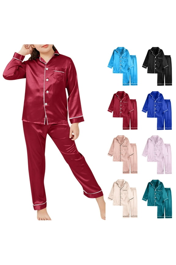 Girls Pajama Sets, Spring Fall Collared Comfy Long Sleeve Girls' Sleepwear Red Size 4-13T