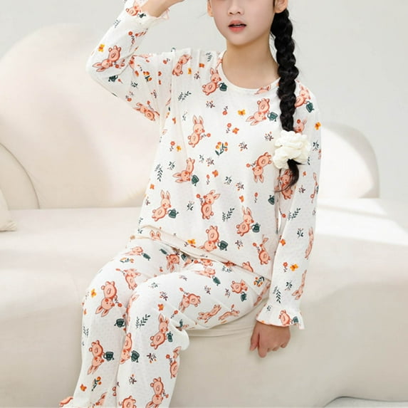 Cethrio Girls Pajama Sets, Summer Long Sleeve Thin 2 Piece Sleepwear Sets Orange Size 13-14 T