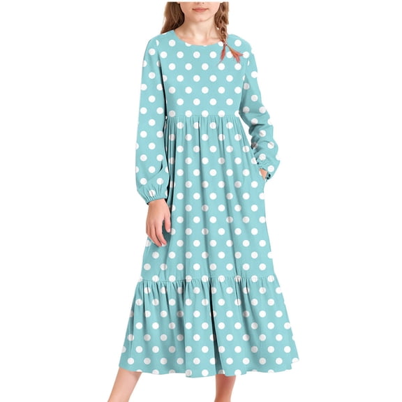 Cethrio Girls Party Dresses, Crew Neck Long Sleeve Casual Party Maxi Dresses with Pockets Light Blue Size 14-16