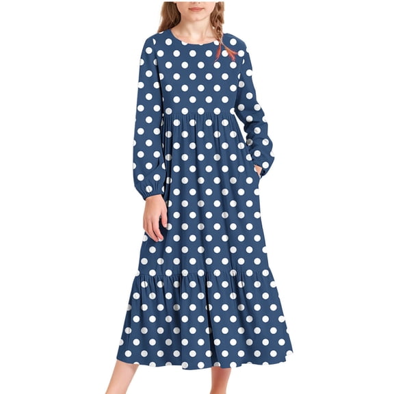 Cethrio Girls Party Dresses, Party Casual Crew Neck Long Sleeve Maxi Dresses with Pockets Navy Size 14-16