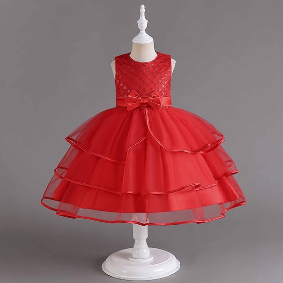 Cethrio Girls Party Princess Dress- Mesh Sleeveless Embroidery Pageant Dresses Red Size 6-7 T