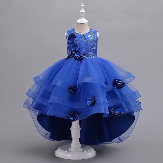 Cethrio Girls Party Princess Dress- Sleeveless Mesh Embroidery Pageant Dresses Blue Size 11-12 T