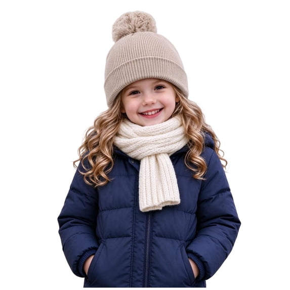 Cethrio Girls Pom Pom Beanie Hats, Warm Ribbed Knit Outdoor Soft Winter Hats Beige Size 2-12 Years