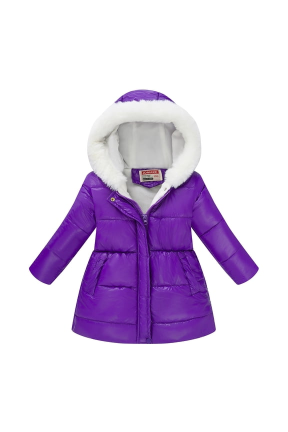 Girls Puffer Jacket, Zip up Warm Hooded Mid-length Winter Coat Purple Size 10-12