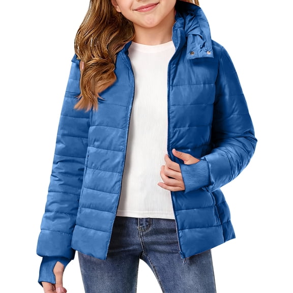 Cethrio Girls Puffer Jackets, Casual Zip up Long Sleeve Lightweight Winter Outerwear Blue Size 7-8