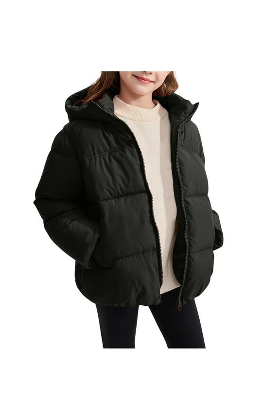 Girls Puffer Jackets, Full Zip Hooded Warm Windproof Winter Coats Outerwear Black Size 10-12