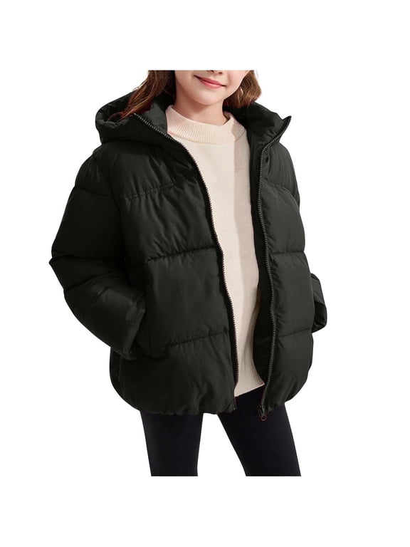 Girls Puffer Jackets, Full Zip Hooded Warm Windproof Winter Coats Outerwear Black Size 10-12