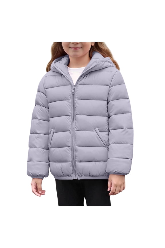 Girls Puffer Jackets, Full Zip Lightweight Long Sleeve Thermal Winter Outerwear with Hood Gray Size 8