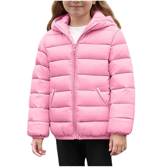 Cethrio Girls Puffer Jackets, Lightweight Long Sleeve Thermal Full Zip Winter Outerwear with Hood Pink Size 4-5 T