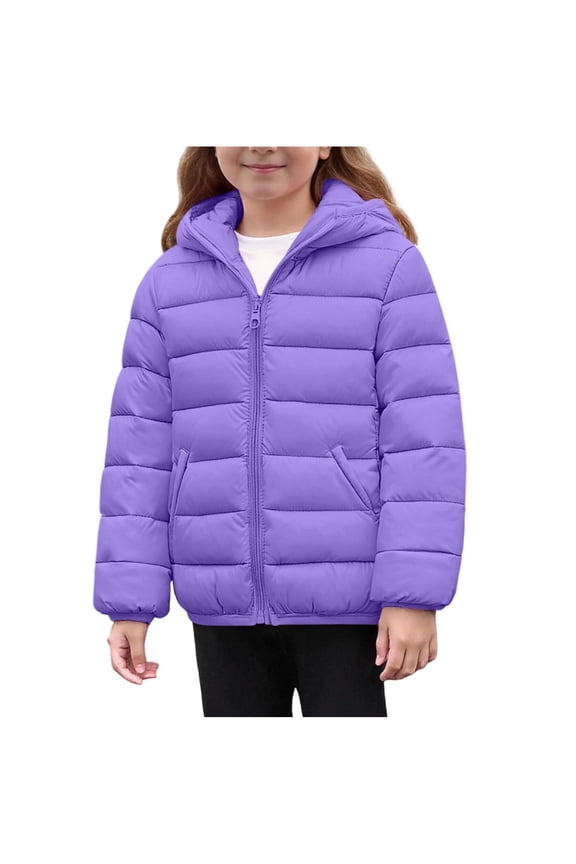 Girls Puffer Jackets, Lightweight Thermal Full Zip Long Sleeve Winter Outerwear with Hood Purple Size 14