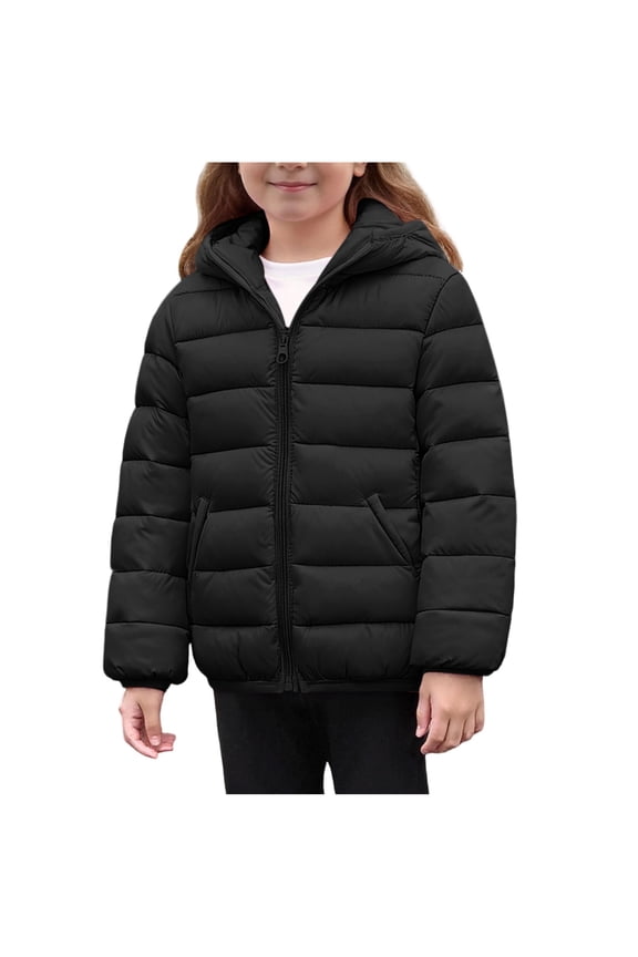 Girls Puffer Jackets, Long Sleeve Full Zip Thermal Lightweight Winter Outerwear with Hood Black Size 6